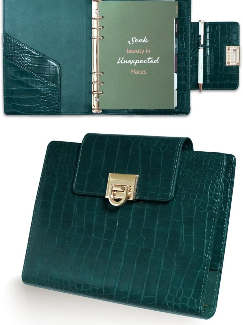 Stylish Faux Leather 6-Ring Planner Binder with Ballpoint Pen - Croc Design